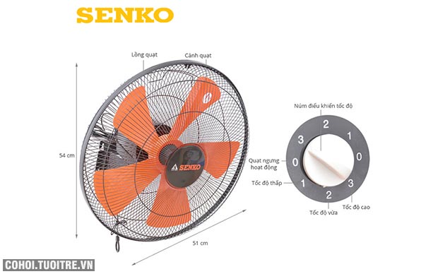 Quạt treo tường 5 cánh Senko TC1886, 2 dây điều khiển