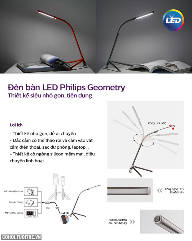 Đèn bàn, đèn học sinh chống cận LED Philips Geometry 66046 - Ảnh 2