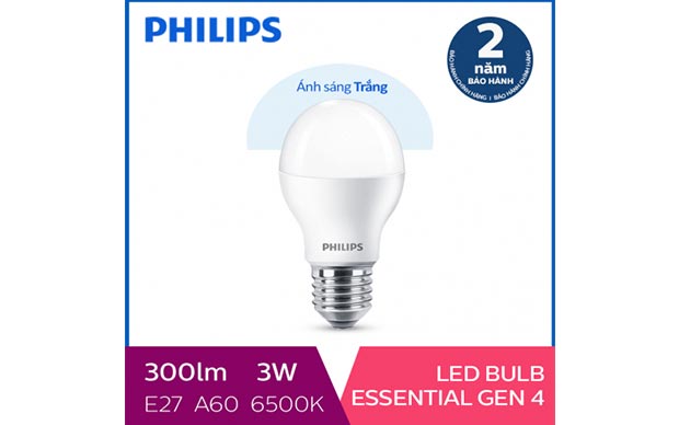 Bóng đèn Philips LED tiết kiệm điện Essential Gen4 3W E27 A60 - Ánh sáng trắng - Ảnh 1