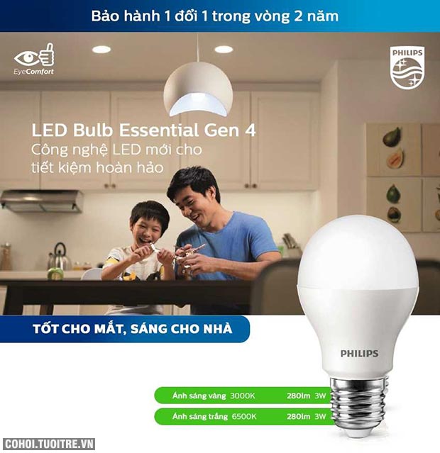 Bóng đèn Philips LED tiết kiệm điện Essential Gen4 3W E27 A60 - Ánh sáng trắng - Ảnh 2