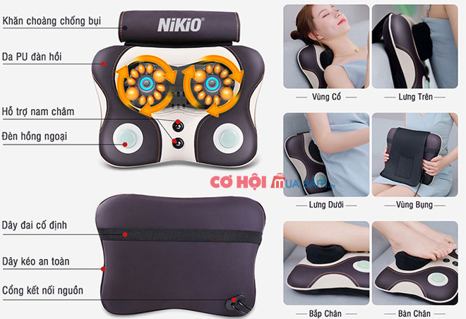 Gối massage đấm lưng, xoa bóp cổ, vai gáy pin sạc Nikio NK-136DC - Ảnh 3