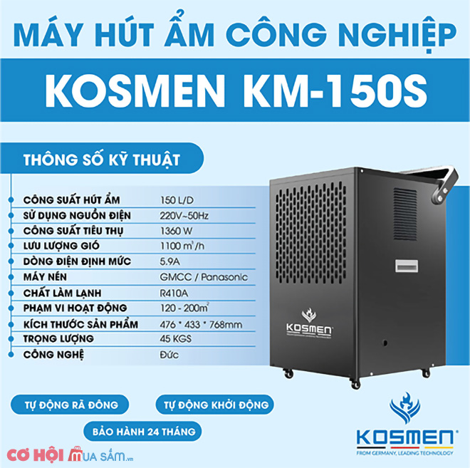 Máy hút ẩm công nghiệp Kosmen KM-150S (150 lít/ngày) - Ảnh 2