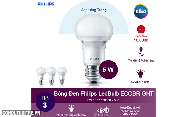 Đèn LED Bulb Philips Ecobright 5-60W E27 3000K A60