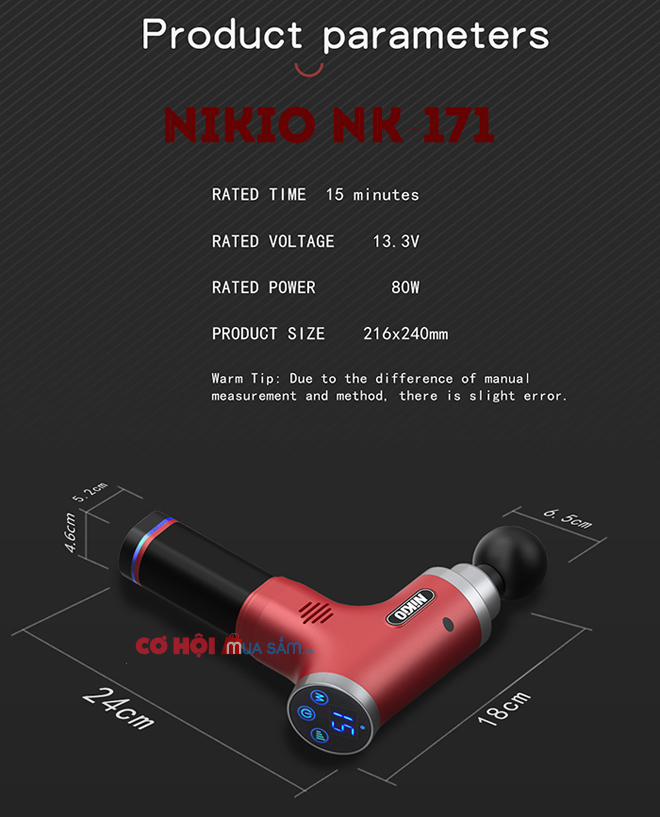 Máy massage cầm tay giãn cơ Nikio NK-171, 5 chế độ massage