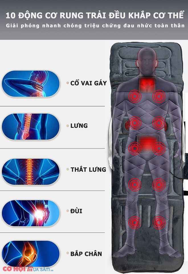 Nệm massage toàn thân OKACHI nhiệt và hồng ngoại JP-M799 (màu xám)