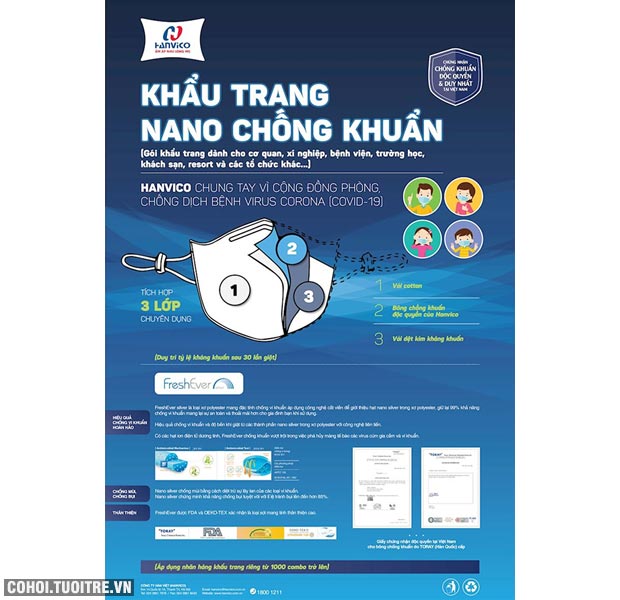 Khẩu trang kháng khuẩn NANO bạc HANVICO KIDS (bộ 2 chiếc) - Ảnh 2